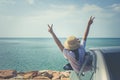 Vacation and Holiday Concept : Happy family car trip at the sea, Portrait woman feeling happiness. Royalty Free Stock Photo