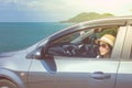 Vacation and Holiday Concept : Happy family car trip at the sea, Portrait woman wearing sunglasses and feeling happiness. Royalty Free Stock Photo