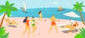 Vacation holiday time, people character together rest hot outdoor beach, tropical country sand shore cartoon vector