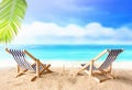 Vacation holidays background concept - two beach lounge chairs under palm on summer beach. Royalty Free Stock Photo