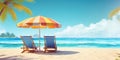 Vacation holidays background wallpaper, two beach lounge chairs under tent on beach. Beach chairs, umbrella and palms on the beach Royalty Free Stock Photo