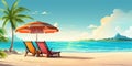 Vacation holidays background wallpaper, two beach lounge chairs under tent on beach. Beach chairs, umbrella and palms on the beach Royalty Free Stock Photo