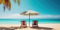 Vacation holidays background wallpaper, two beach lounge chairs under tent on beach. Beach chairs, umbrella and palms on the beach Royalty Free Stock Photo