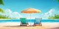 Vacation holidays background wallpaper, two beach lounge chairs under tent on beach. Beach chairs, umbrella and palms on the beach Royalty Free Stock Photo