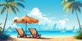 Vacation holidays background wallpaper, two beach lounge chairs under tent on beach. Beach chairs, umbrella and palms on the beach Royalty Free Stock Photo