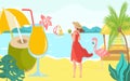 Vacation hot tropical country, woman character beach oceanfront with yacht, female drink coconut water cartoon vector