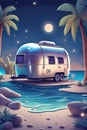 vacation in iconic luxury american caravan parked on a beach near the sea illustration Royalty Free Stock Photo