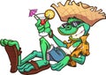 Cartoon iguana on vacation relaxing with tropical drink
