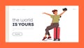 Vacation Landing Page Template. Cheerful Woman Taking A Selfie Sitting on her Luggage Suitcase, Documenting Journey