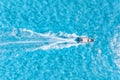 Vacation and leisure. Aerial view on fast boat on blue Mediterranean sea at sunny day. Fast ship on the sea surface. Royalty Free Stock Photo