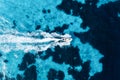 Vacation and leisure. Aerial view on fast boat on blue Mediterranean sea at sunny day. Fast ship on the sea surface. Royalty Free Stock Photo