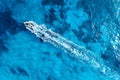 Vacation and leisure. Aerial view on fast boat on blue Mediterranean sea at sunny day. Fast ship on the sea surface. Royalty Free Stock Photo