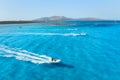 Vacation and leisure. Aerial view on fast boat on blue Mediterranean sea at sunny day. Fast ship on the sea surface. Royalty Free Stock Photo