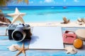 Vacation memories Camera ready beach background with blank photo paper, summer travel Royalty Free Stock Photo