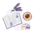 Vacation memories Vector illustration. Nostalgia for trip to France. Nostalgic diary or book, cup of coffee, photo of lavender