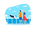 Vacation on ocean, hot summer, couple on seashore watching whale, design cartoon style vector illustration, isolated on