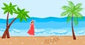 Vacation at ocean, tropical beach, vector illustration, flat young woman character walking at sand, holiday travel at Royalty Free Stock Photo