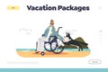 Vacation packages for handicapped people landing page with disabled man on wheelchair travel to sea