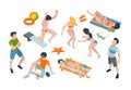 Vacation people. Summer characters in swimsuits travel paradise male and female clothes vector isometric