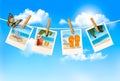 Vacation photos hanging on a rope. Royalty Free Stock Photo