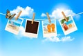 Vacation photos hanging on a rope. Royalty Free Stock Photo