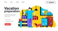 Vacation preparation concept for landing page template. Man packing clothes in bags for going on trip. Travel and tourism people