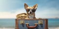 Vacation Ready Chihuahua with Sunglasses in Opened Beach Suitcase - travel and holiday concept. Generative AI
