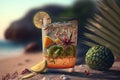 Vacation, relaxation concept. Close-up exotic cocktail with ice in glass on ocean