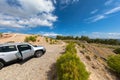 A white Jeep Renegade is parked on a dirt road. All wheel drive.