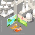Vacation during sanctions concept. Young couple laying in polluted city bordered with tropical beach resort posters. Flat 3d
