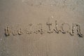 Vacation on the sand beach concept. Vacation Time words written into the sand on the beach. Royalty Free Stock Photo