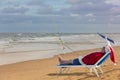 Vacation of Santa Claus. Sea, beach, spinning, nice weather. San Royalty Free Stock Photo