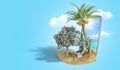 Vacation savings concept hammock attached to a money tree on the background of a smartphone with a photo of the sea 3d render on