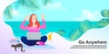 Summer girl on the beach. Staying home vacation enjoy cartoon illustration. Royalty Free Stock Photo