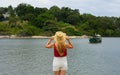 Vacation in South America. Back view of tourist girl in Vitoria, Espirito Santo, Brazil