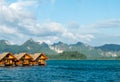 Vacation Start Here Concept, Beautiful Wooden Floating House in Peaceful View of Ratchaprapa dam , Khao sok national park