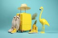 flamingo sunglasses travel pink blue vacation concept background yellow suitcase summer. Generative AI. Royalty Free Stock Photo