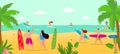 Vacation at summer beach, vector illustration. People character surfing at sea, woman man surfer character with cartoon Royalty Free Stock Photo