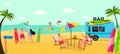 Vacation at summer beach, vector illustration. Travel to tropical sea, surfing in ocean. Surf bar at sand, people man