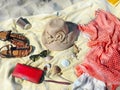 Vacation summer beachwear  accessories vacation  background   Holiday  Travel Beach Girl clothes Relaxation   Summer beach red dr Royalty Free Stock Photo