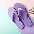 vacation and summer image with purple flipflops over pastel background