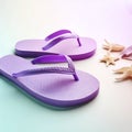 vacation and summer image with purple flipflops over pastel background