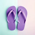 vacation and summer image with purple flipflops over pastel background