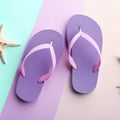 vacation and summer image with purple flipflops over pastel background