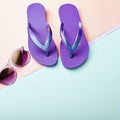 vacation and summer image with purple flipflops over pastel background