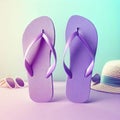 vacation and summer image with purple flipflops over pastel background