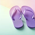 vacation and summer image with purple flipflops over pastel background