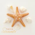 vacation and summer image with starfish and seashells over white wooden background. Royalty Free Stock Photo