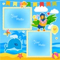 Vacation Summer Photo Frames With Sea, Whale and Parrot. Decorative Cartoon Template For Baby.