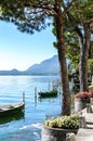 Vacation summer serene Lugano lake surrounded by hills in Morcote